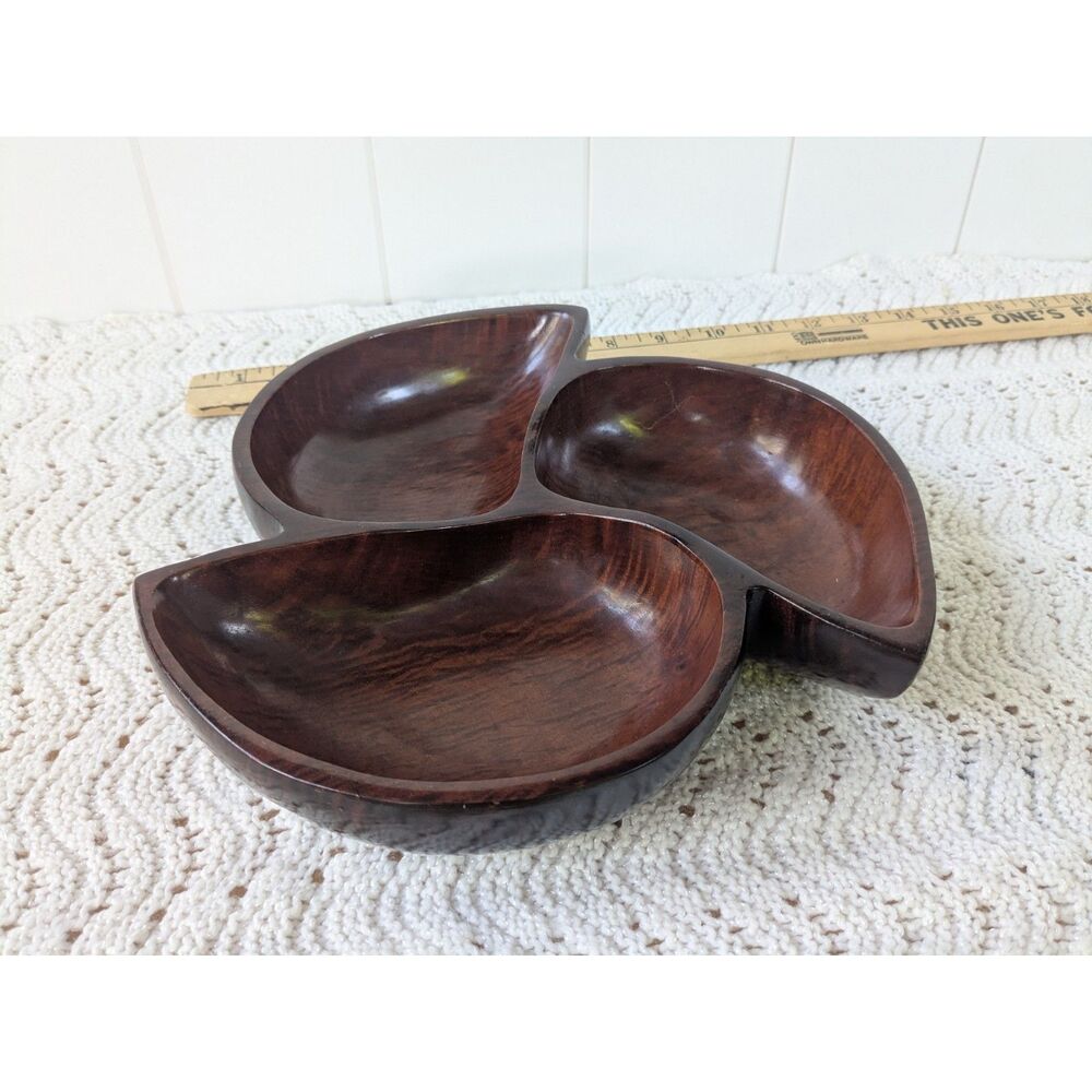 Vintage Monkey Pod Wood 3 Section Serving Tray - Tear drop shape